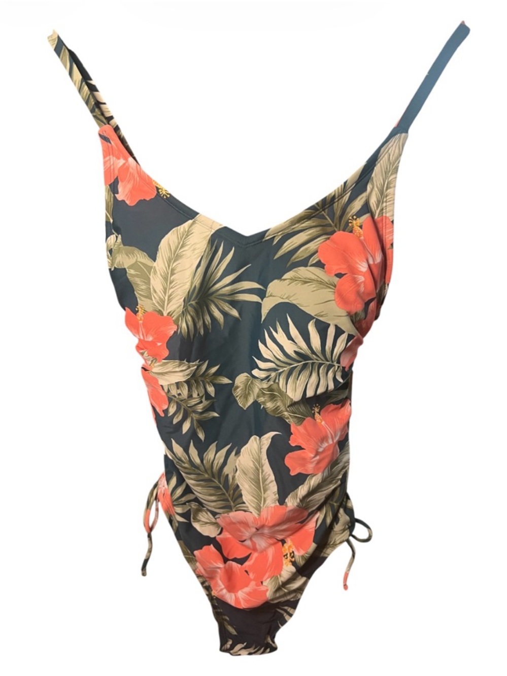 Kona Sol Tropical One-Piece Swimsuit with Coral Hibiscus NWT
